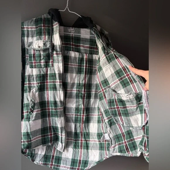 Kismet size xs Green Plaid Zip-Up Sweater Jacket gray hood fall campfire vibes - Picture 7 of 9